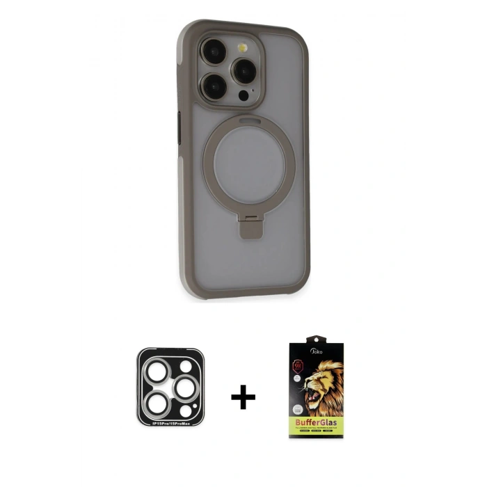 MARSİLYAN™- iPhone 15 Pro Max Kılıf Ahenk Yansıma Özel Seri - Siyah Buffer Cam Ekran Koruyucu + PVD Metal Kamera Lens - GS