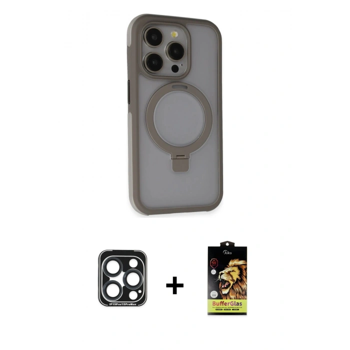 MARSİLYAN™- iPhone 15 Pro Max Kılıf Ahenk Yansıma Özel Seri - Siyah Buffer Cam Ekran Koruyucu + PVD Metal Kamera Lens - LT