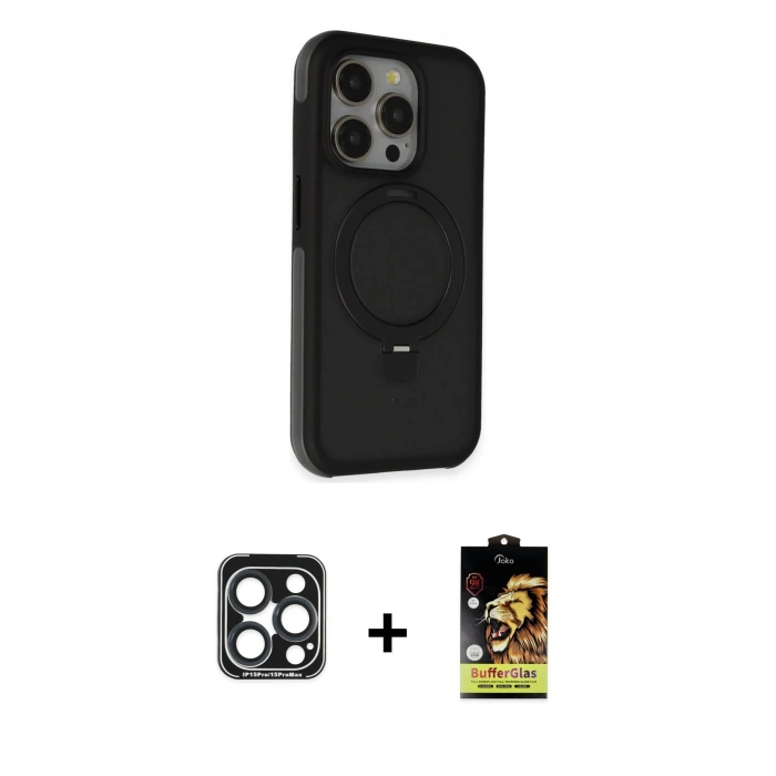 MARSİLYAN™- iPhone 15 Pro Max Kılıf Ahenk Yansıma Özel Seri - Siyah Buffer Cam Ekran Koruyucu + PVD Metal Kamera Lens - LT