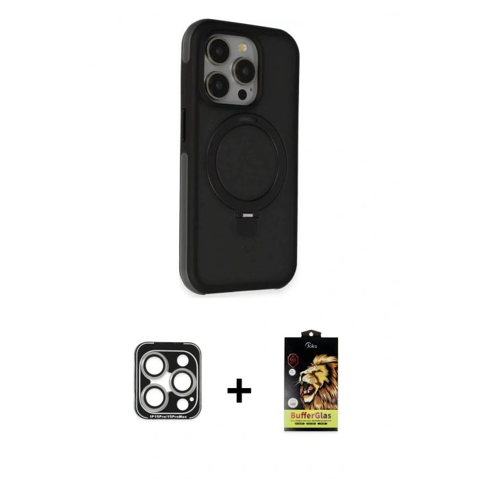 MARSİLYAN™- iPhone 15 Pro Max Kılıf Ahenk Yansıma Özel Seri - Siyah Buffer Cam Ekran Koruyucu + PVD Metal Kamera Lens - GS