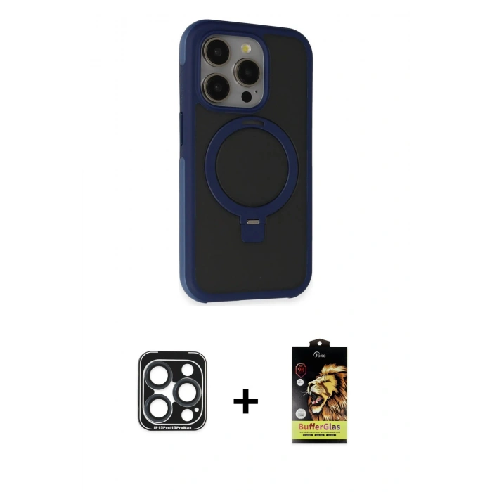 MARSİLYAN™- iPhone 15 Pro Max Kılıf Ahenk Yansıma Özel Seri - Siyah Buffer Cam Ekran Koruyucu + PVD Metal Kamera Lens - LT