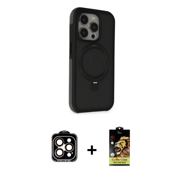 MARSİLYAN™- iPhone 15 Pro Max Kılıf Ahenk Yansıma Özel Seri - Siyah Buffer Cam Ekran Koruyucu + PVD Metal Kamera Lens - TU