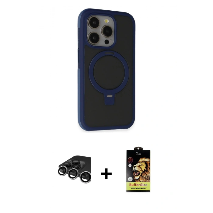 MARSİLYAN™- iPhone 15 Pro Max Kılıf Ahenk Yansıma Özel Seri - Siyah Buffer Cam Ekran Koruyucu + Raze Metal Kamera Lens - GS