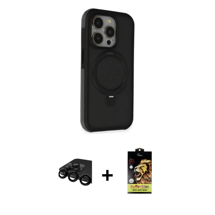 MARSİLYAN™- iPhone 15 Pro Max Kılıf Ahenk Yansıma Özel Seri - Siyah Buffer Cam Ekran Koruyucu + Raze Metal Kamera Lens - SH