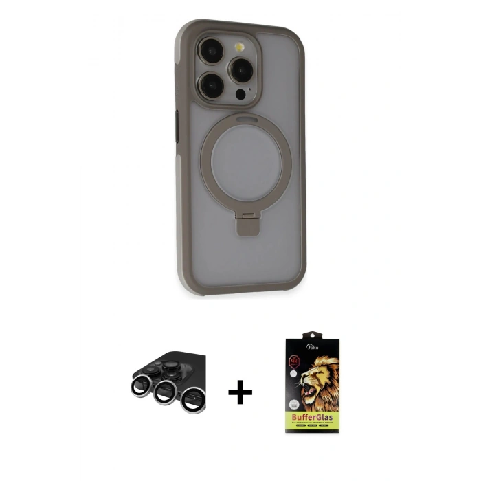 MARSİLYAN™- iPhone 15 Pro Max Kılıf Ahenk Yansıma Özel Seri - Siyah Buffer Cam Ekran Koruyucu + Raze Metal Kamera Lens - GS