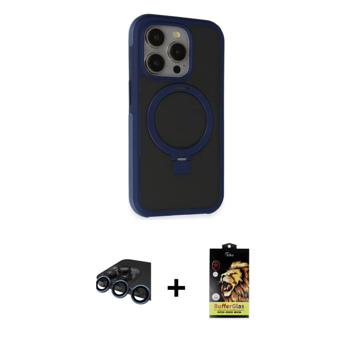 MARSİLYAN™- iPhone 15 Pro Max Kılıf Ahenk Yansıma Özel Seri - Siyah Buffer Cam Ekran Koruyucu + Raze Metal Kamera Lens - LT