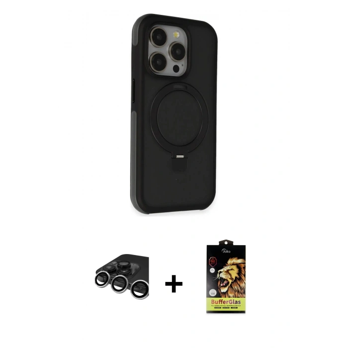 MARSİLYAN™- iPhone 15 Pro Max Kılıf Ahenk Yansıma Özel Seri - Siyah Buffer Cam Ekran Koruyucu + Raze Metal Kamera Lens - GS