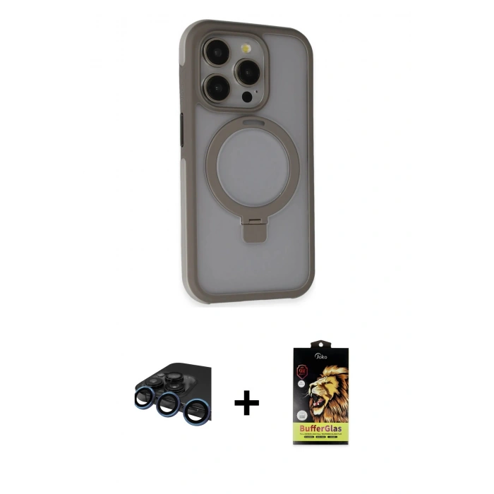 MARSİLYAN™- iPhone 15 Pro Max Kılıf Ahenk Yansıma Özel Seri - Siyah Buffer Cam Ekran Koruyucu + Raze Metal Kamera Lens - LT