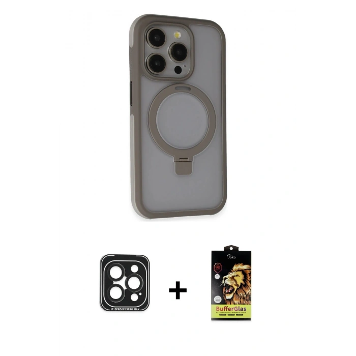 MARSİLYAN™- iPhone 15 Pro Max Kılıf Ahenk Yansıma Özel Seri - Siyah Buffer Cam Ekran Koruyucu + PVD Metal Kamera Lens - SH