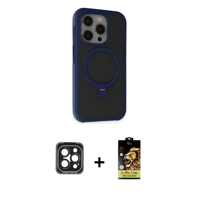 MARSİLYAN™- iPhone 15 Pro Max Kılıf Ahenk Yansıma Özel Seri - Siyah Buffer Cam Ekran Koruyucu + PVD Metal Kamera Lens - SH
