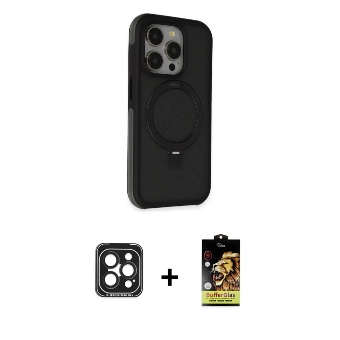 MARSİLYAN™- iPhone 15 Pro Max Kılıf Ahenk Yansıma Özel Seri - Siyah Buffer Cam Ekran Koruyucu + PVD Metal Kamera Lens - SH
