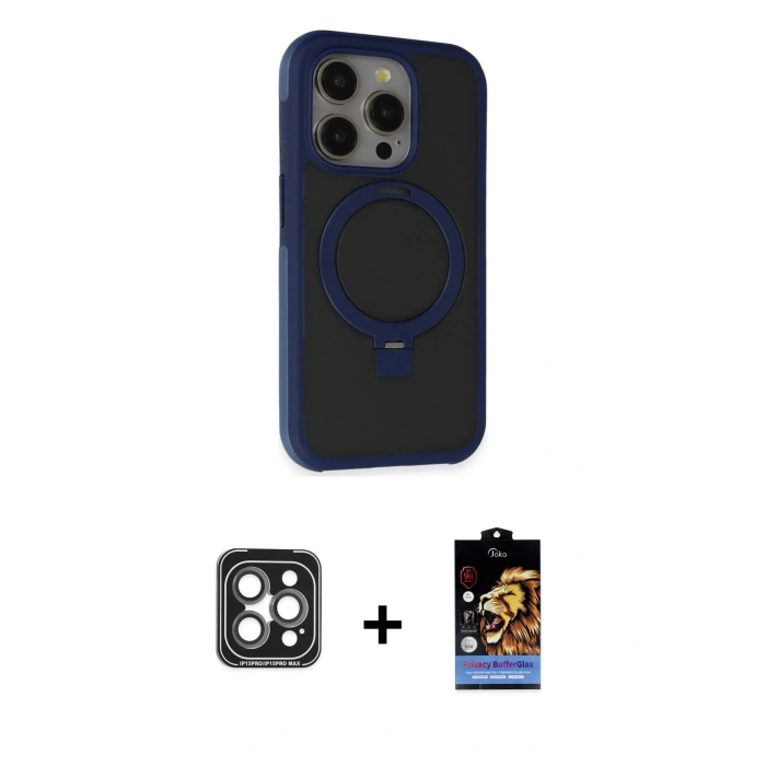 MARSİLYAN™- iPhone 15 Pro Max Kılıf Ahenk Yansıma Özel Seri - Siyah Buffer Hayalet Cam Ekran Koruyucu + PVD Metal Kamera Lens - GI