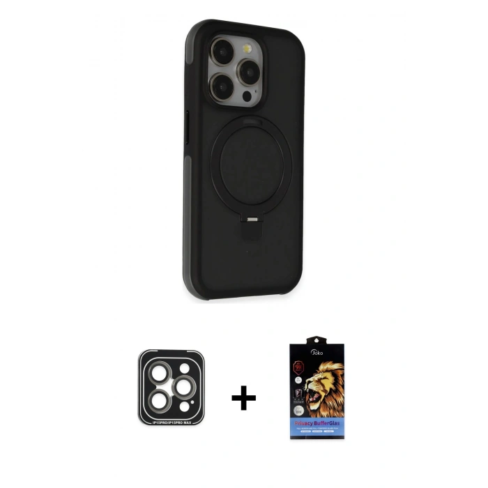 MARSİLYAN™- iPhone 15 Pro Max Kılıf Ahenk Yansıma Özel Seri - Siyah Buffer Hayalet Cam Ekran Koruyucu + PVD Metal Kamera Lens - GI