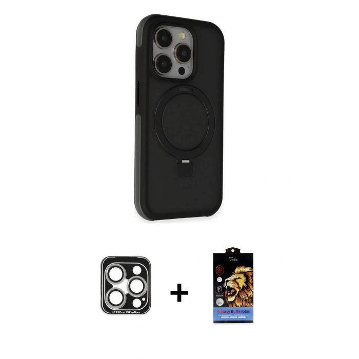 MARSİLYAN™- iPhone 15 Pro Max Kılıf Ahenk Yansıma Özel Seri - Siyah Buffer Hayalet Cam Ekran Koruyucu + PVD Metal Kamera Lens - GS
