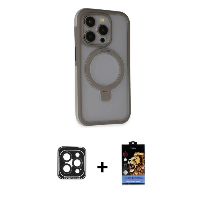 MARSİLYAN™- iPhone 15 Pro Max Kılıf Ahenk Yansıma Özel Seri - Siyah Buffer Hayalet Cam Ekran Koruyucu + PVD Metal Kamera Lens - SH