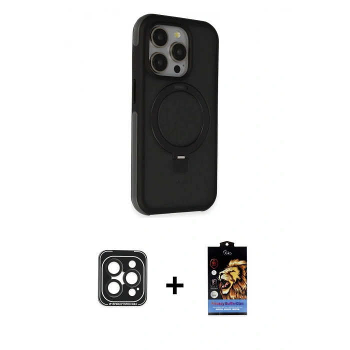 MARSİLYAN™- iPhone 15 Pro Max Kılıf Ahenk Yansıma Özel Seri - Siyah Buffer Hayalet Cam Ekran Koruyucu + PVD Metal Kamera Lens - SH