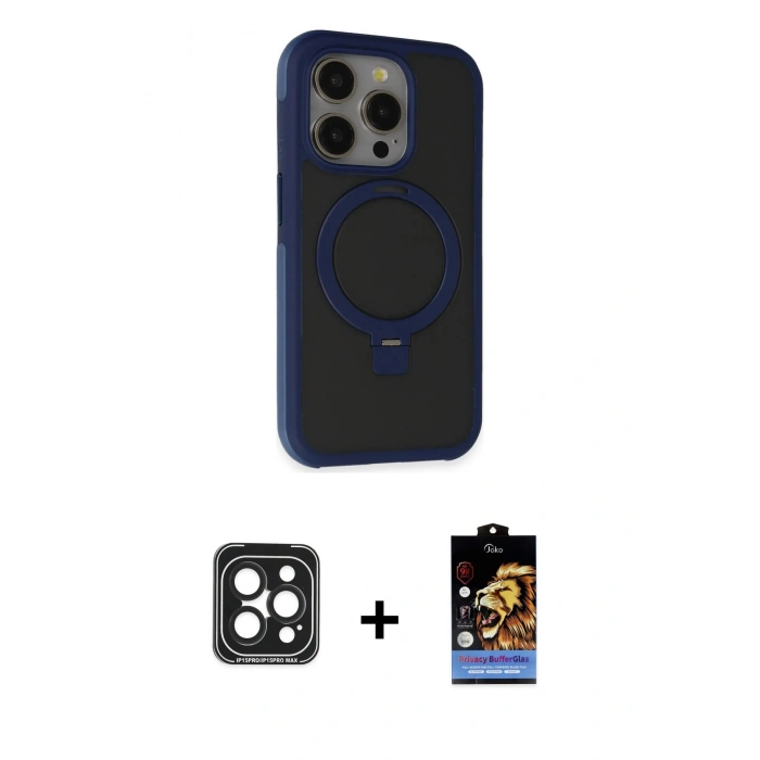 MARSİLYAN™- iPhone 15 Pro Max Kılıf Ahenk Yansıma Özel Seri - Siyah Buffer Hayalet Cam Ekran Koruyucu + PVD Metal Kamera Lens - SH