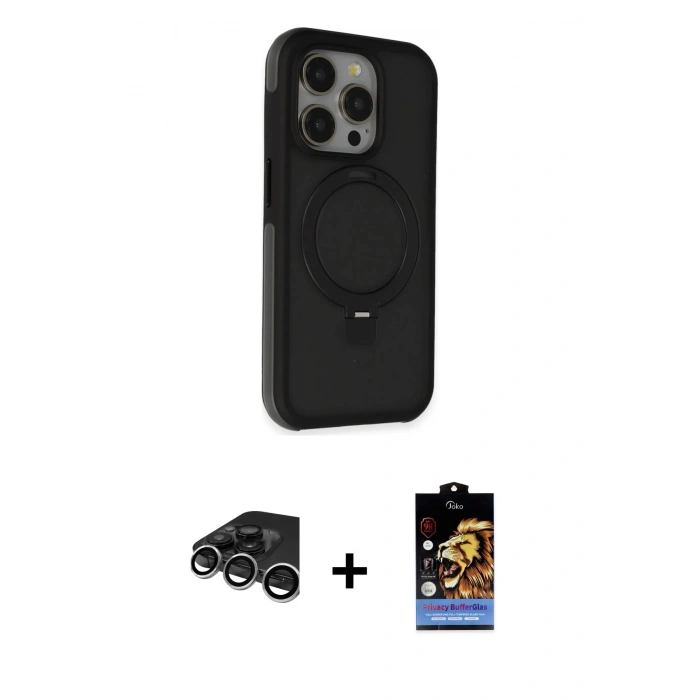 MARSİLYAN™- iPhone 15 Pro Max Kılıf Ahenk Yansıma Özel Seri - Siyah Buffer Hayalet Cam Ekran Koruyucu + Raze Metal Kamera Lens - GS