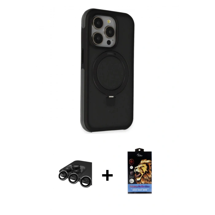 MARSİLYAN™- iPhone 15 Pro Max Kılıf Ahenk Yansıma Özel Seri - Siyah Buffer Hayalet Cam Ekran Koruyucu + Raze Metal Kamera Lens - TMGI