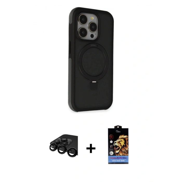 MARSİLYAN™- iPhone 15 Pro Max Kılıf Ahenk Yansıma Özel Seri - Siyah Buffer Hayalet Cam Ekran Koruyucu + Raze Metal Kamera Lens - SH