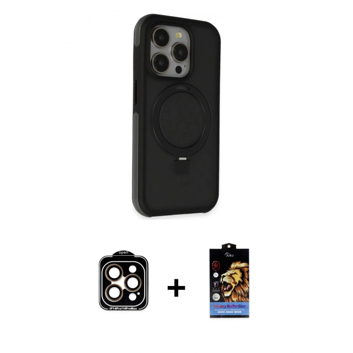 MARSİLYAN™- iPhone 15 Pro Max Kılıf Ahenk Yansıma Özel Seri - Siyah Buffer Hayalet Cam Ekran Koruyucu + PVD Metal Kamera Lens - TU