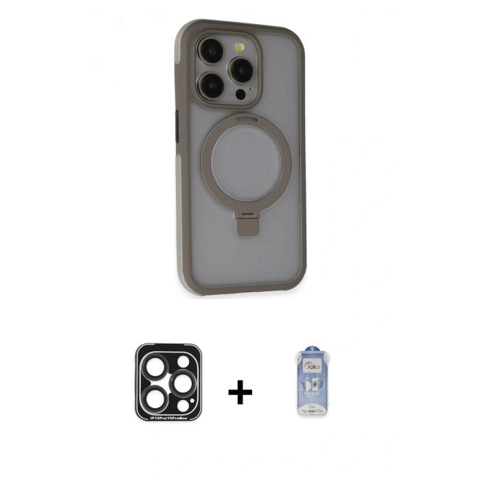 MARSİLYAN™- iPhone 15 Pro Max Kılıf Ahenk Yansıma Özel Seri - Siyah Joko Magic 5D Cam + Lacivert PVD Metal Kamera Lens