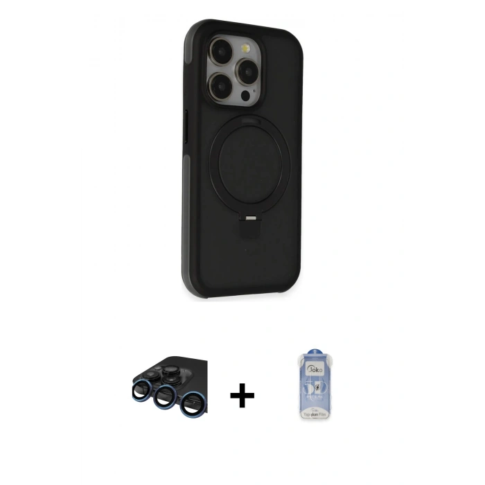 MARSİLYAN™- iPhone 15 Pro Max Kılıf Ahenk Yansıma Özel Seri - Siyah Joko Magic 5D Cam + Lacivert Raze Metal Kamera Lens