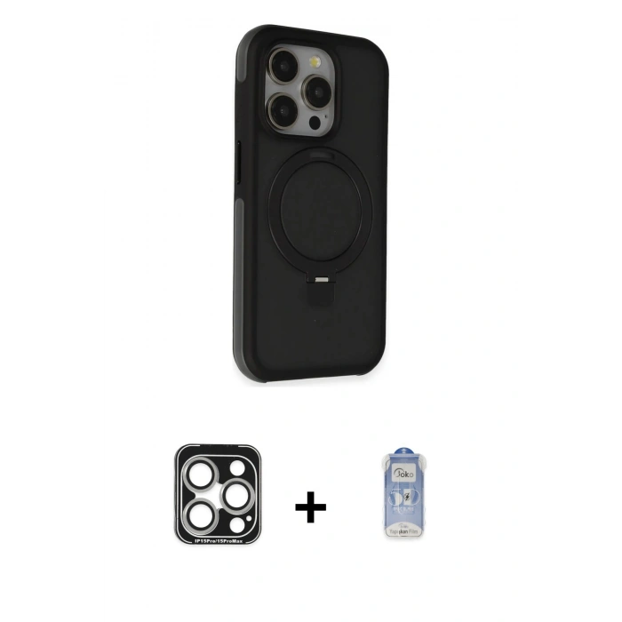 MARSİLYAN™- iPhone 15 Pro Max Kılıf Ahenk Yansıma Özel Seri - Siyah Joko Magic 5D Cam + PVD Metal Kamera Lens - GS
