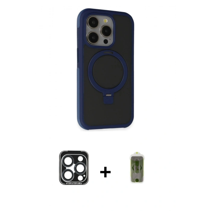 MARSİLYAN™- iPhone 15 Pro Max Kılıf Ahenk Yansıma Özel Seri - Siyah Joko Magic 5D Hayalet Cam + Lacivert PVD Metal Kamera Lens
