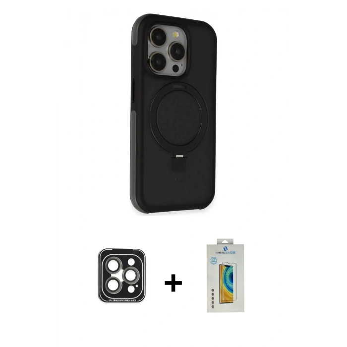MARSİLYAN™- iPhone 15 Pro Max Kılıf Ahenk Yansıma Özel Seri - Siyah Polymer Nano Ekran Koruyucu + PVD Metal Kamera Lens - GI