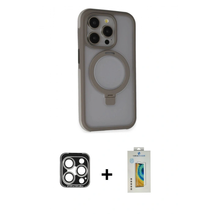 MARSİLYAN™- iPhone 15 Pro Max Kılıf Ahenk Yansıma Özel Seri - Siyah Polymer Nano Ekran Koruyucu + PVD Metal Kamera Lens - GS