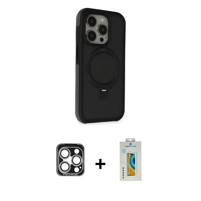 MARSİLYAN™- iPhone 15 Pro Max Kılıf Ahenk Yansıma Özel Seri - Siyah Polymer Nano Ekran Koruyucu + PVD Metal Kamera Lens - GS