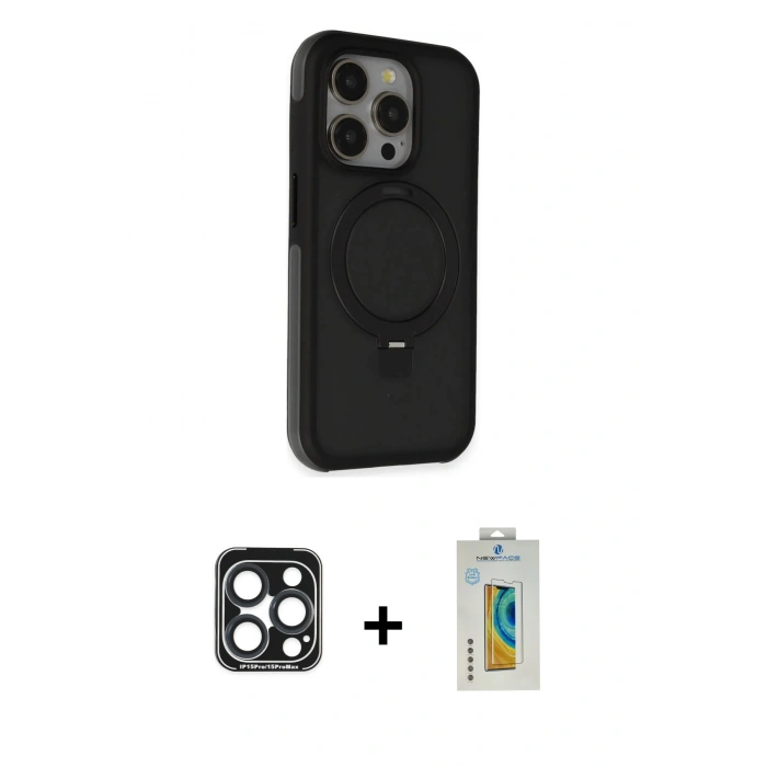 MARSİLYAN™- iPhone 15 Pro Max Kılıf Ahenk Yansıma Özel Seri - Siyah Polymer Nano Ekran Koruyucu + PVD Metal Kamera Lens - LT