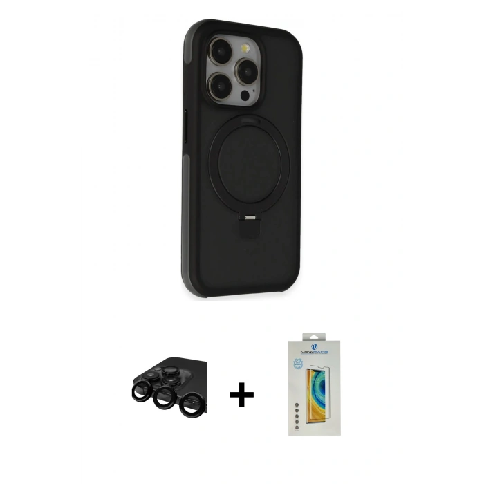 MARSİLYAN™- iPhone 15 Pro Max Kılıf Ahenk Yansıma Özel Seri - Siyah Polymer Nano Ekran Koruyucu + Raze Metal Kamera Lens - SH