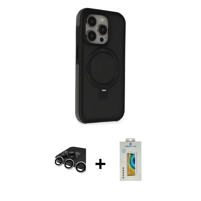 MARSİLYAN™- iPhone 15 Pro Max Kılıf Ahenk Yansıma Özel Seri - Siyah Polymer Nano Ekran Koruyucu + Raze Metal Kamera Lens - GS