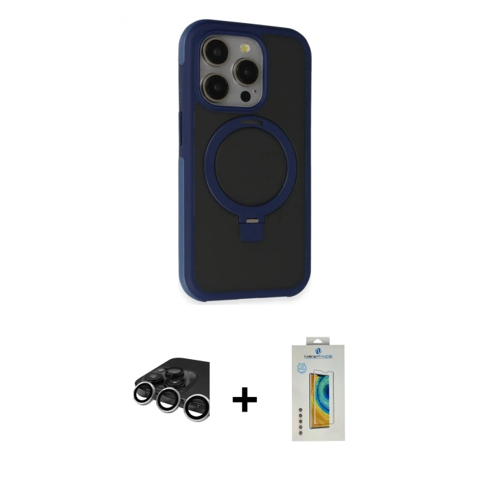 MARSİLYAN™- iPhone 15 Pro Max Kılıf Ahenk Yansıma Özel Seri - Siyah Polymer Nano Ekran Koruyucu + Raze Metal Kamera Lens - GS