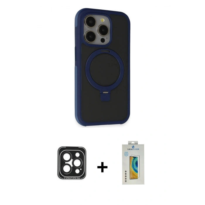 MARSİLYAN™- iPhone 15 Pro Max Kılıf Ahenk Yansıma Özel Seri - Siyah Polymer Nano Ekran Koruyucu + PVD Metal Kamera Lens - SH