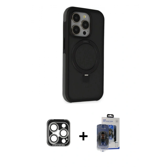 MARSİLYAN™- iPhone 15 Pro Max Kılıf Ahenk Yansıma Özel Seri - Siyah Vanessa Magic Cam + PVD Metal Kamera Lens - GS