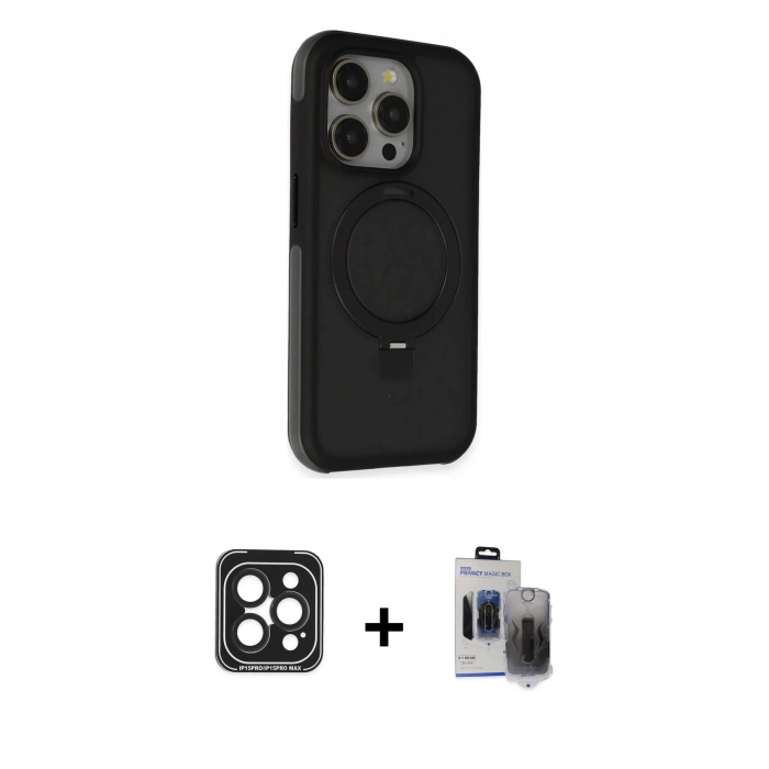 MARSİLYAN™- iPhone 15 Pro Max Kılıf Ahenk Yansıma Özel Seri - Siyah Vanessa Magic Hayalet Cam + PVD Metal Kamera Lens - SH