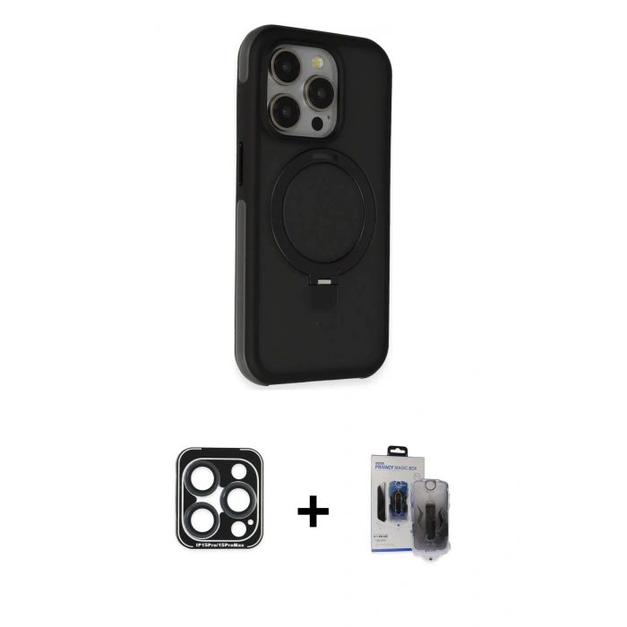 MARSİLYAN™- iPhone 15 Pro Max Kılıf Ahenk Yansıma Özel Seri - Siyah Vanessa Magic Hayalet Cam + PVD Metal Kamera Lens - LT