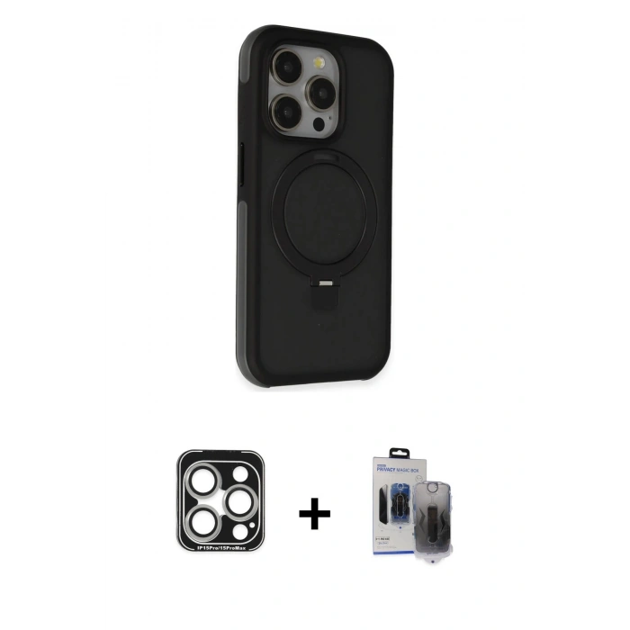 MARSİLYAN™- iPhone 15 Pro Max Kılıf Ahenk Yansıma Özel Seri - Siyah Vanessa Magic Hayalet Cam + PVD Metal Kamera Lens - GS