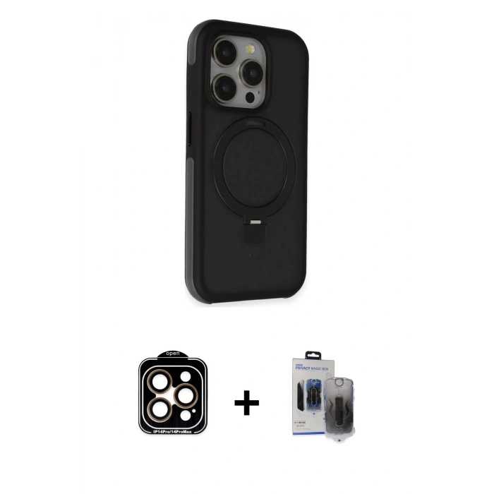 MARSİLYAN™- iPhone 15 Pro Max Kılıf Ahenk Yansıma Özel Seri - Siyah Vanessa Magic Hayalet Cam + PVD Metal Kamera Lens - TU