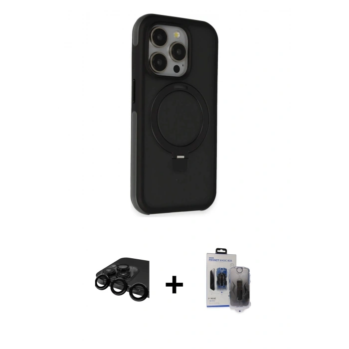 MARSİLYAN™- iPhone 15 Pro Max Kılıf Ahenk Yansıma Özel Seri - Siyah Vanessa Magic Hayalet Cam + Raze Metal Kamera Lens - SH