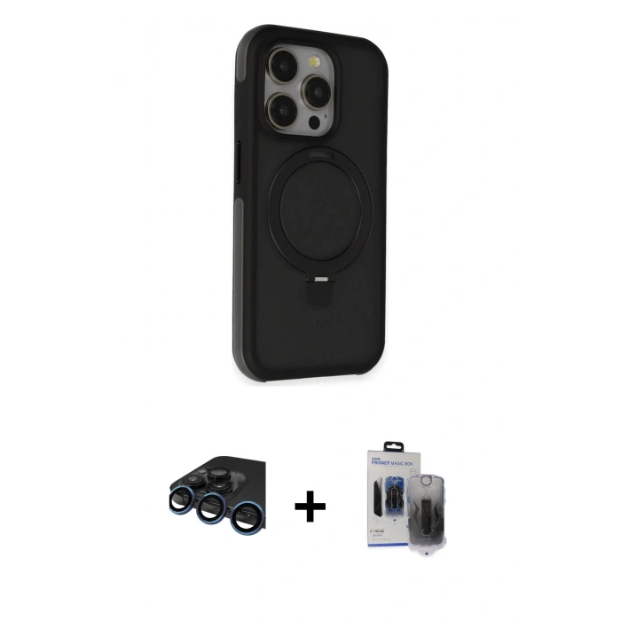 MARSİLYAN™- iPhone 15 Pro Max Kılıf Ahenk Yansıma Özel Seri - Siyah Vanessa Magic Hayalet Cam + Raze Metal Kamera Lens - LT