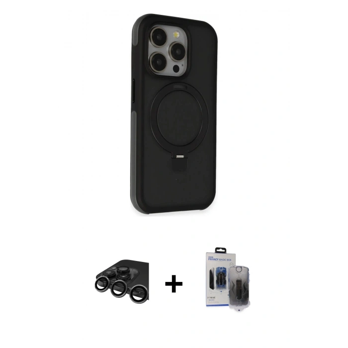MARSİLYAN™- iPhone 15 Pro Max Kılıf Ahenk Yansıma Özel Seri - Siyah Vanessa Magic Hayalet Cam + Raze Metal Kamera Lens - TMGI