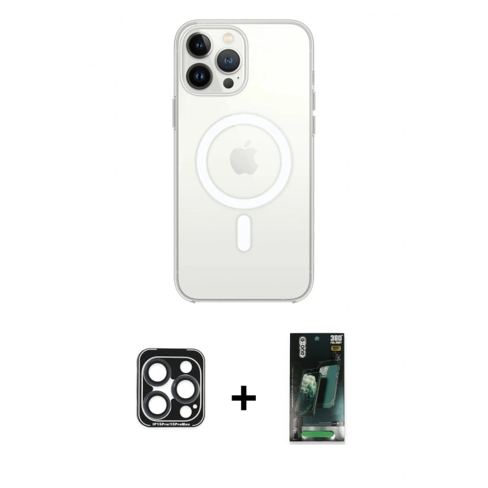 MARSİLYAN™- iPhone 15 Pro Max Kılıf Ahenk Yansıma Prime - Şeffaf 360 Full Body Arka Koruyucu + PVD Metal Kamera Lens - LT