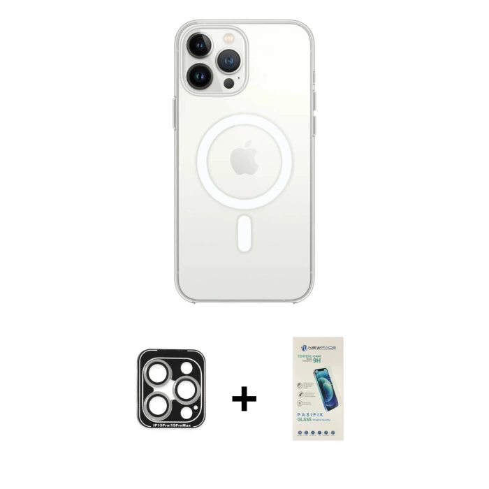 MARSİLYAN™- iPhone 15 Pro Max Kılıf Ahenk Yansıma Prime - Şeffaf Pasifik Cam Ekran Koruyucu + Gümüş PVD Metal Kamera Lens