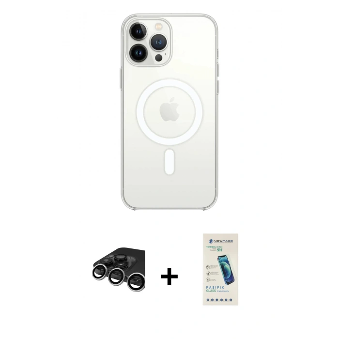 MARSİLYAN™- iPhone 15 Pro Max Kılıf Ahenk Yansıma Prime - Şeffaf Pasifik Cam Ekran Koruyucu + Raze Metal Kamera Lens - GS