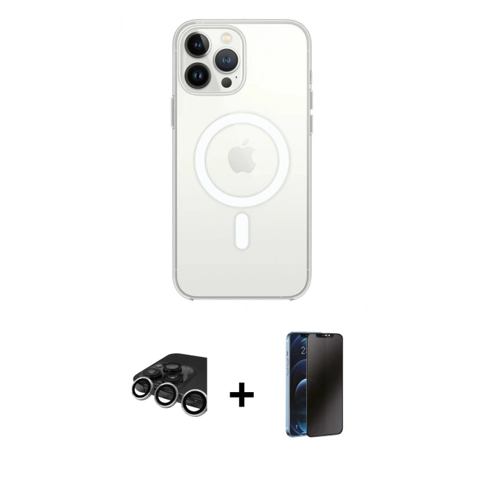MARSİLYAN™- iPhone 15 Pro Max Kılıf Ahenk Yansıma Prime - Siyah 3D Antistatik Hayalet Cam Ekran Koruyucu + Raze Metal Kamera Lens - GS