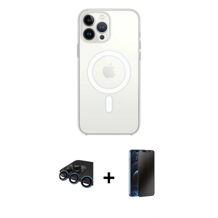 MARSİLYAN™- iPhone 15 Pro Max Kılıf Ahenk Yansıma Prime - Siyah 3D Antistatik Hayalet Cam Ekran Koruyucu + Raze Metal Kamera Lens - LT
